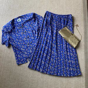 Vintage Leslie Fay Blue Brown  Paisley Two Piece  Pleated  Midi Skirt Set 12